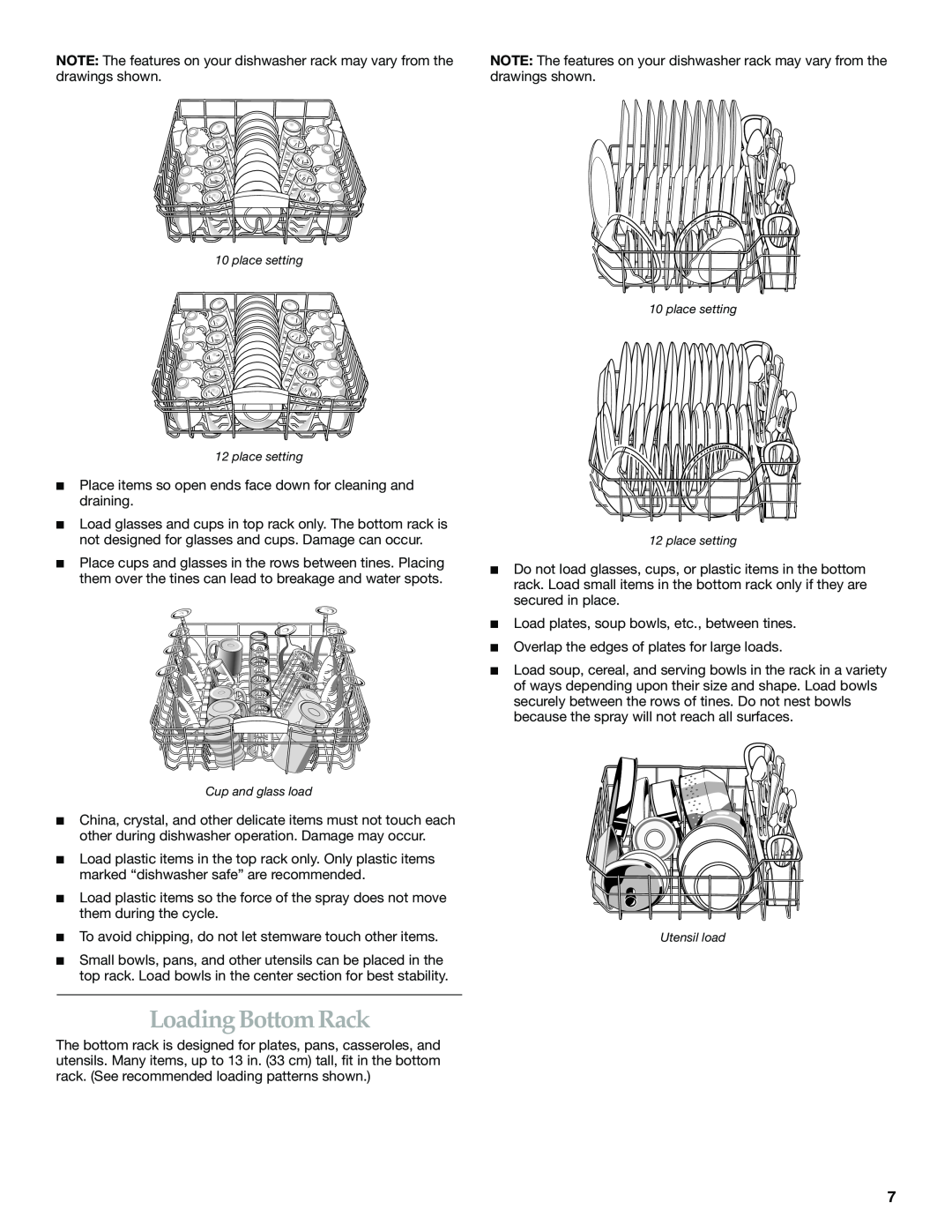 KitchenAid KUDI01FK manual Loading Bottom Rack, Utensil load 