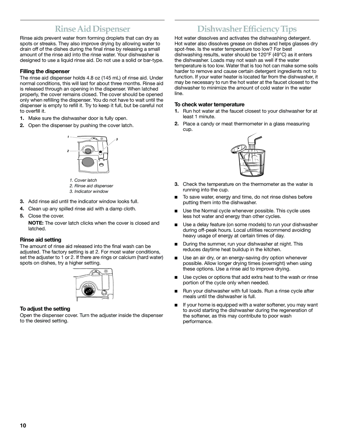 KitchenAid KUDI01FL manual Rinse Aid Dispenser, Dishwasher Efficiency Tips, Rinse aid setting, To adjust the setting 