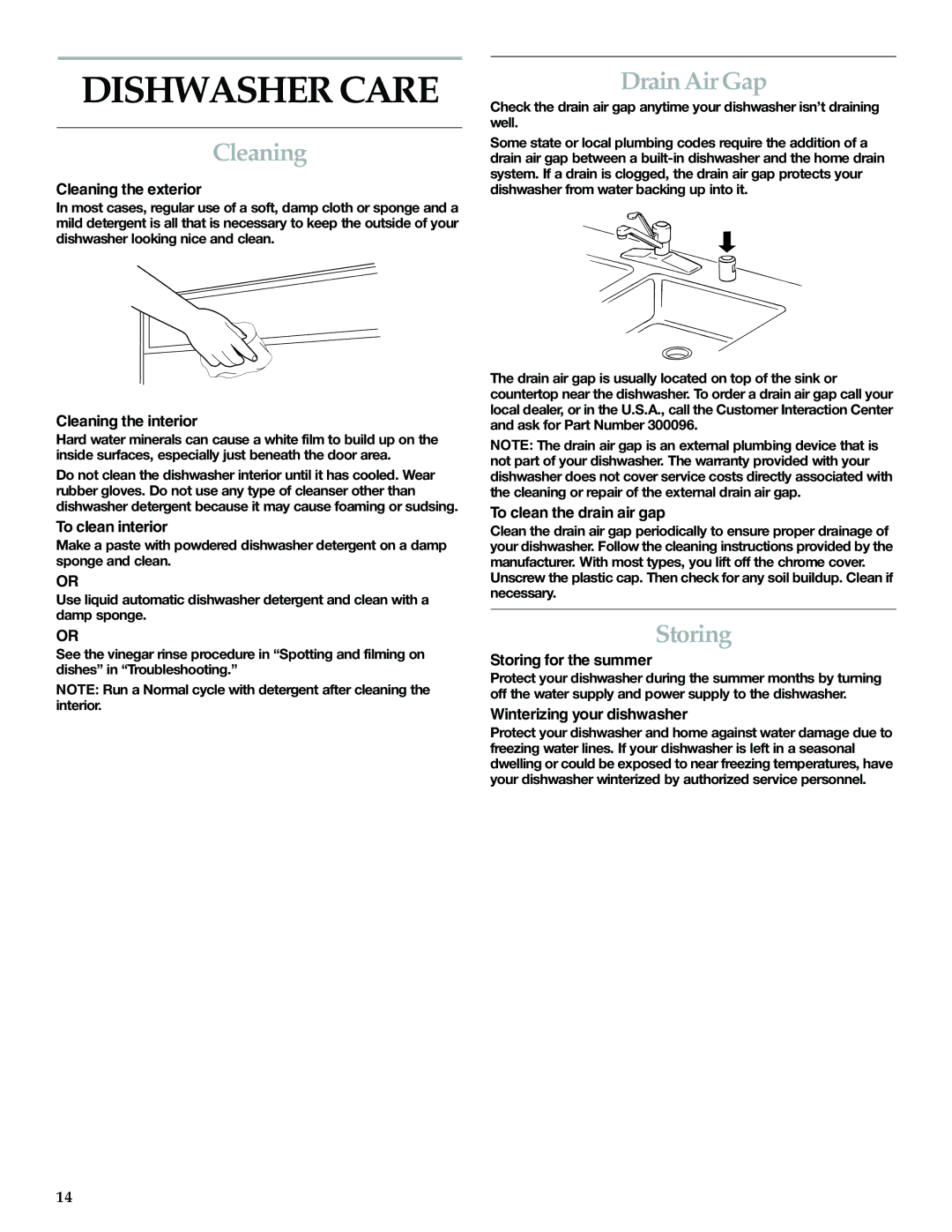 KitchenAid KUDI01FL manual Dishwasher Care, Cleaning, Drain Air Gap, Storing 