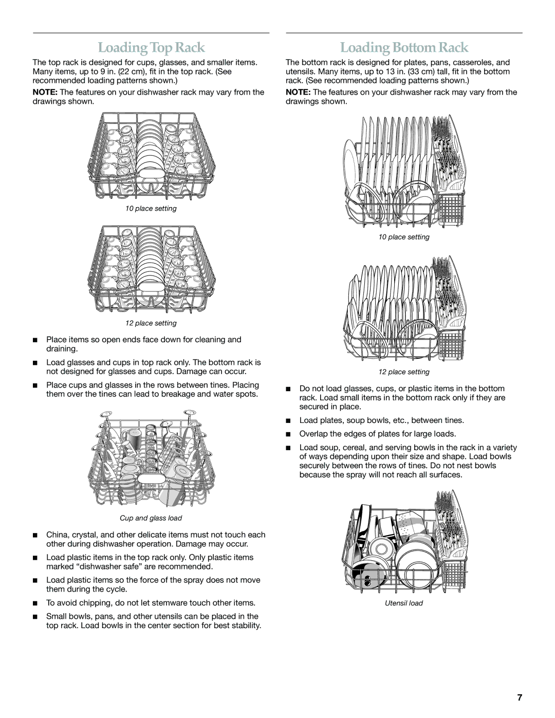 KitchenAid KUDI01FL manual Loading Top Rack, Loading Bottom Rack 