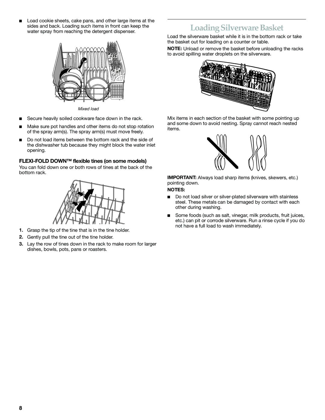 KitchenAid KUDI01FL manual Loading Silverware Basket, FLEXI-FOLD Down flexible tines on some models 