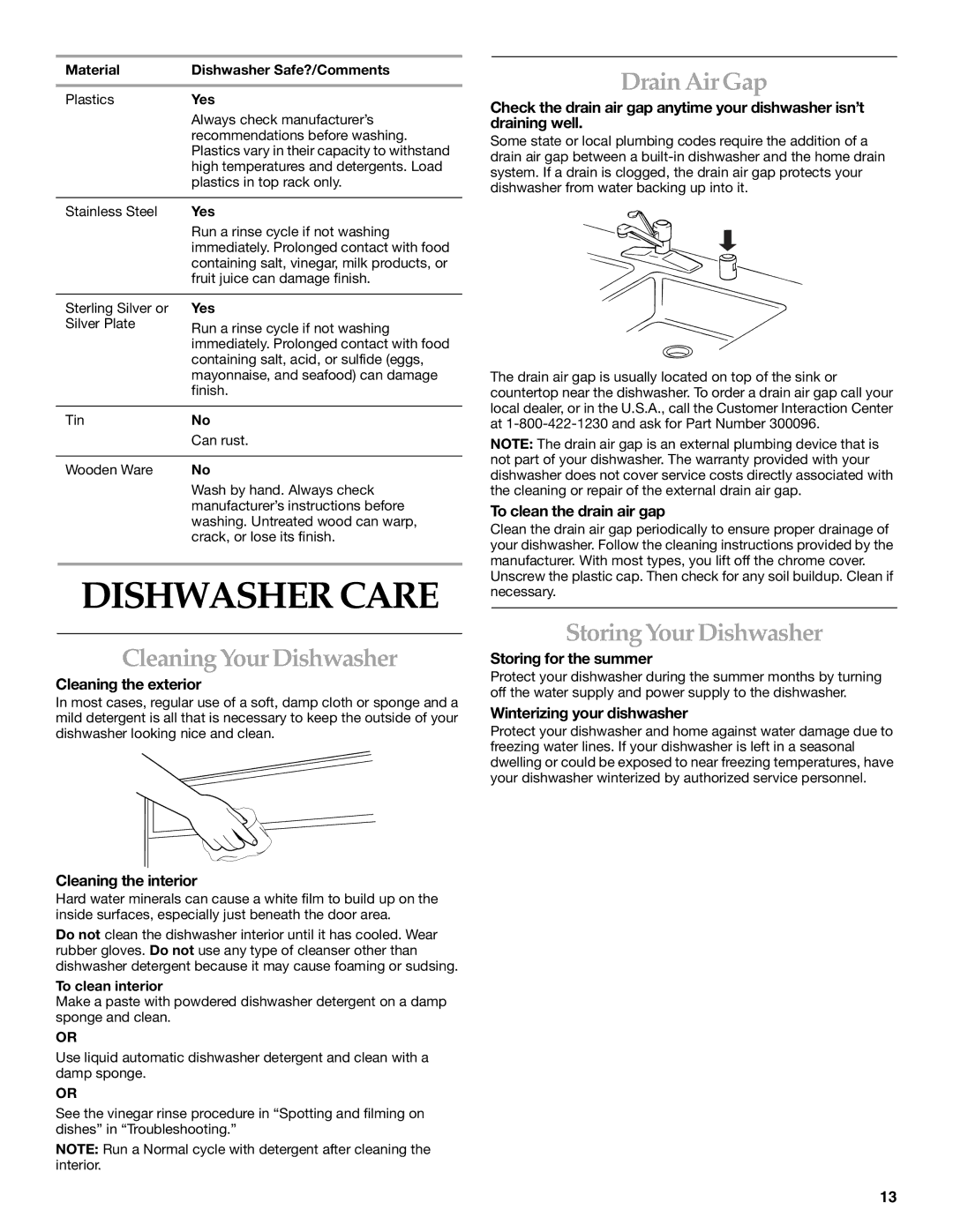 KitchenAid KUDI01TJ manual Dishwasher Care, Cleaning Your Dishwasher, Drain Air Gap, Storing Your Dishwasher 