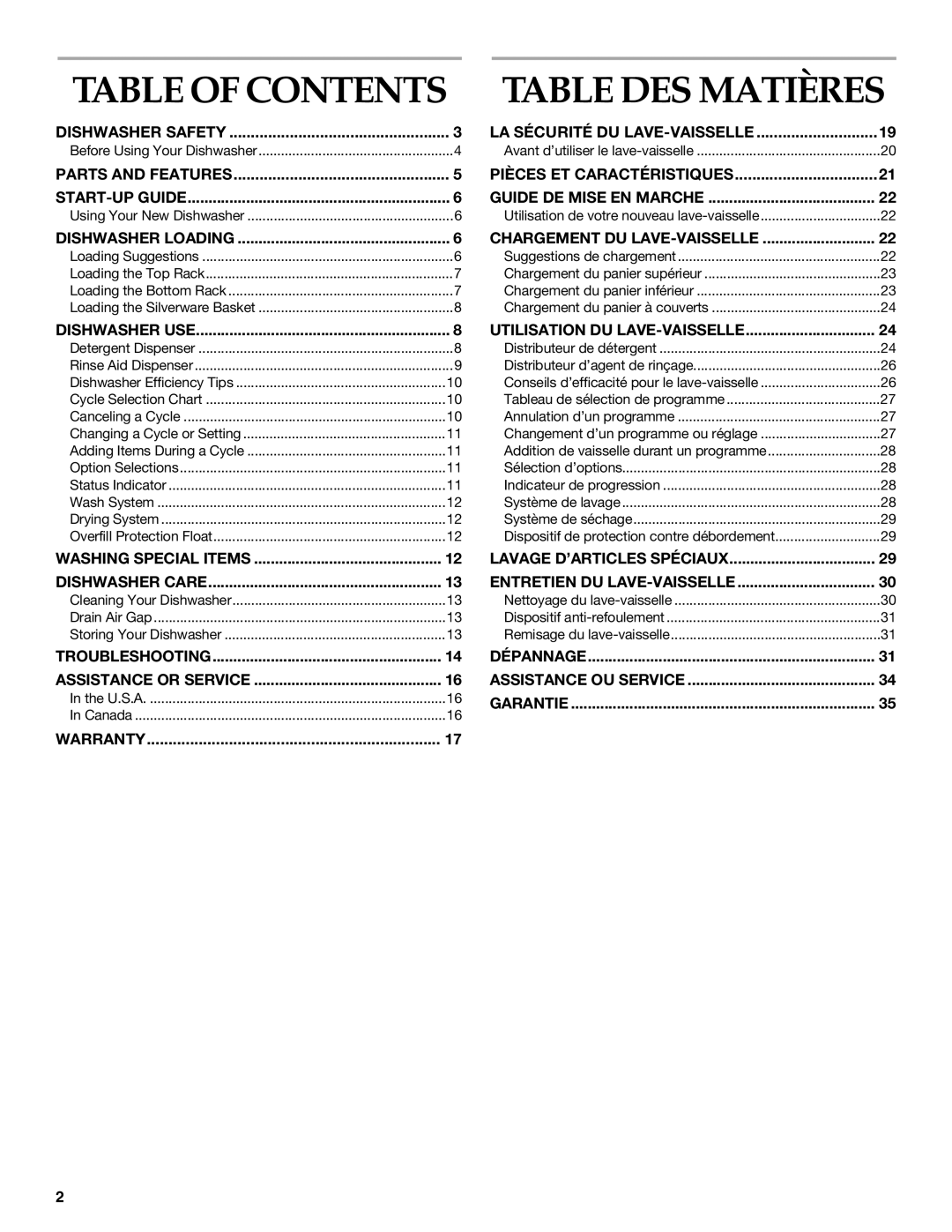 KitchenAid KUDI01TJ manual Table of Contents, Table DES Matières 