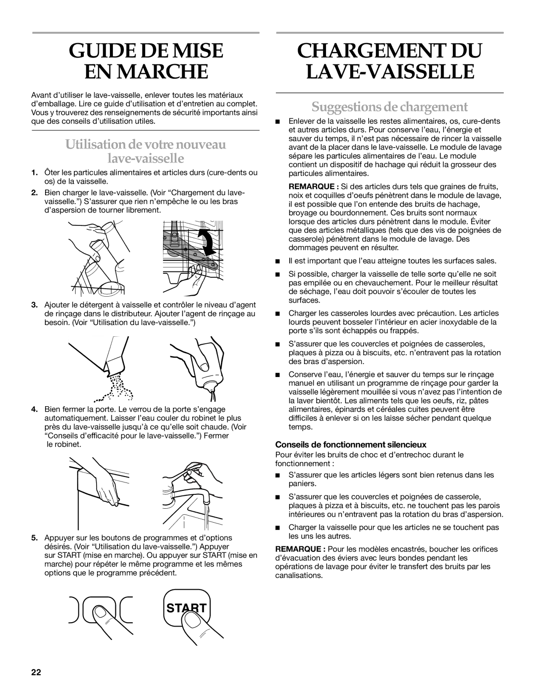 KitchenAid KUDI01TJ manual Guide DE Mise EN Marche, Utilisation de votre nouveau Lave-vaisselle, Suggestions de chargement 