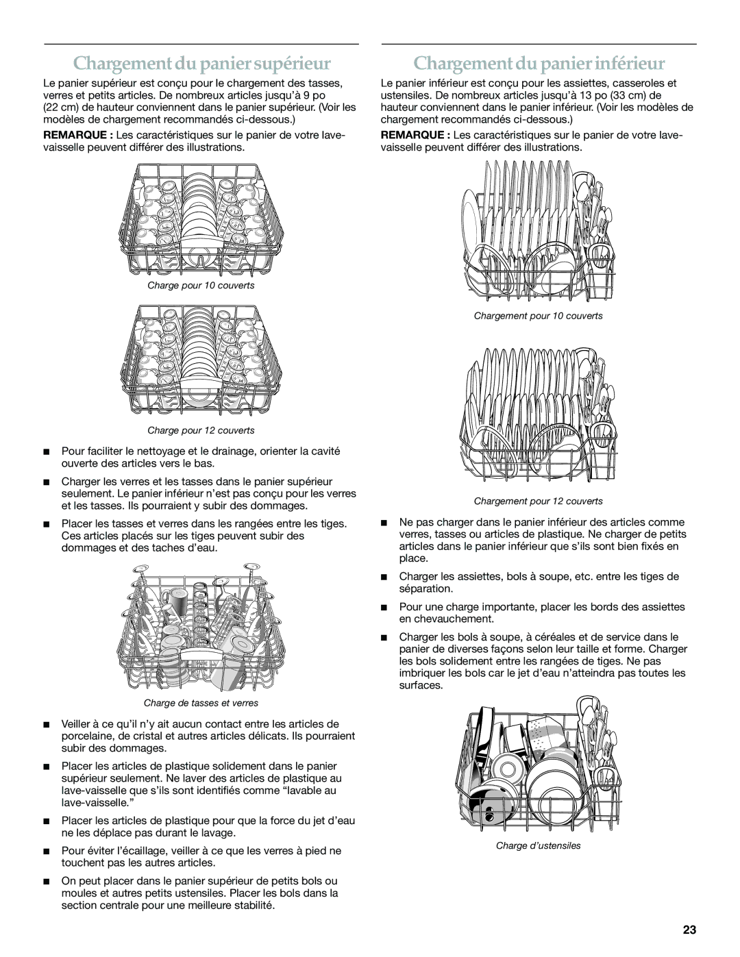 KitchenAid KUDI01TJ manual Chargement du panier supérieur, Chargement du panier inférieur 