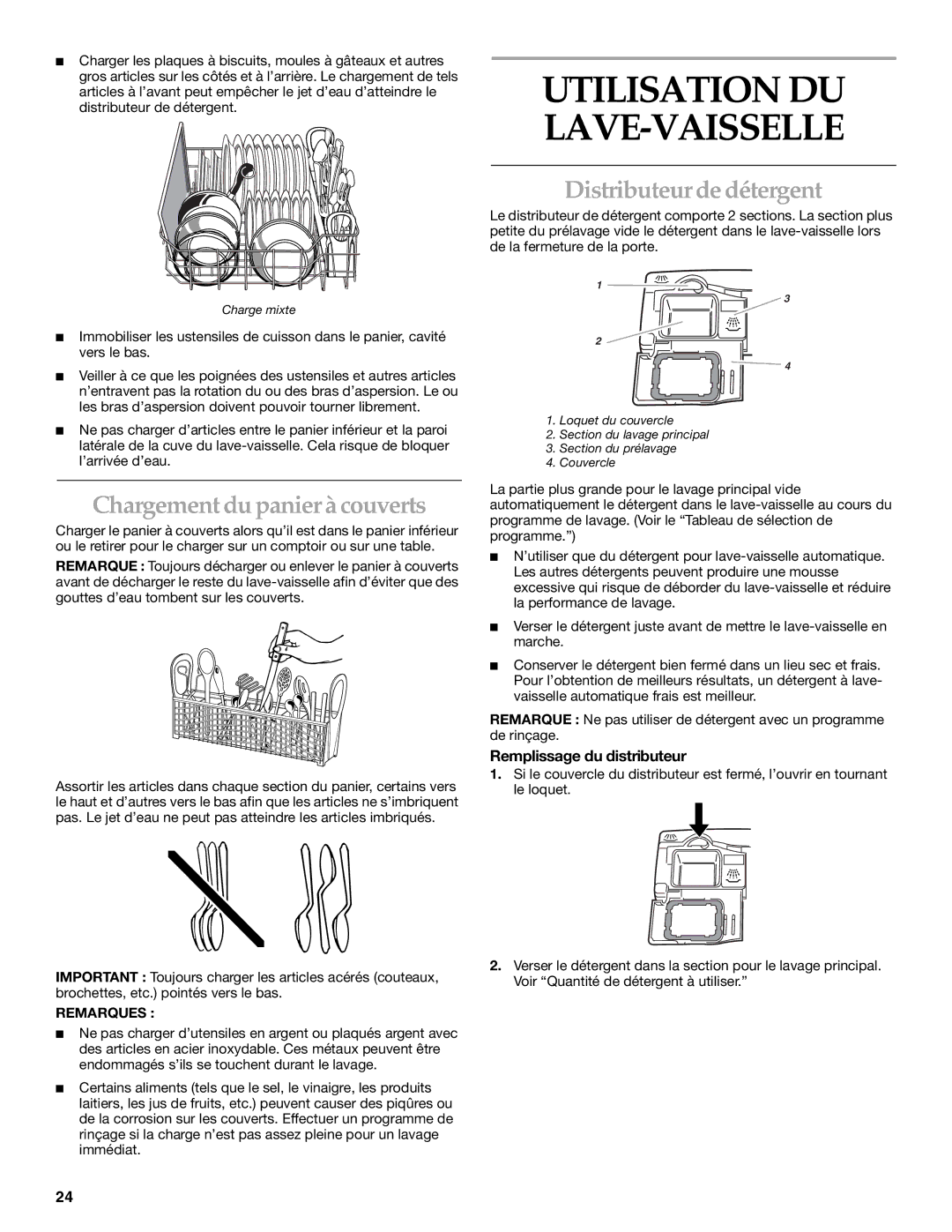 KitchenAid KUDI01TJ manual Chargement du panier à couverts, Distributeur de détergent, Remplissage du distributeur 