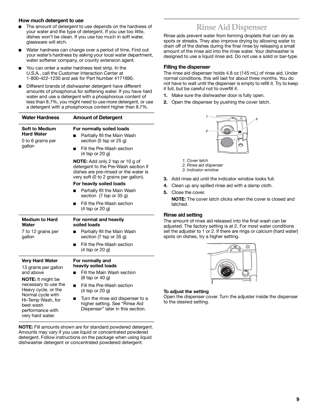 KitchenAid KUDI01TJ manual Rinse Aid Dispenser, How much detergent to use, Water Hardness, Rinse aid setting 