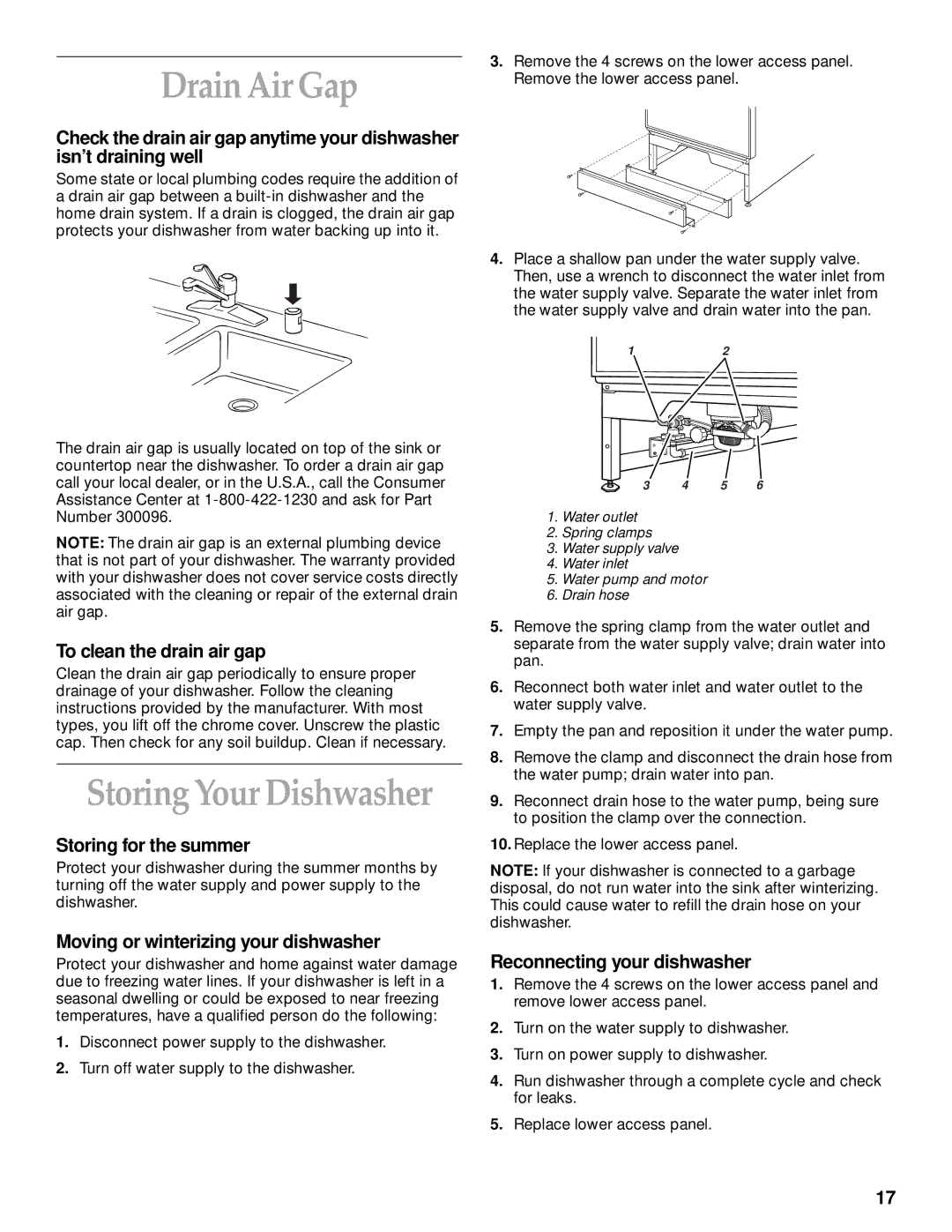 KitchenAid KUDM25SH manual Drain Air Gap, To clean the drain air gap, Storing for the summer, Reconnecting your dishwasher 