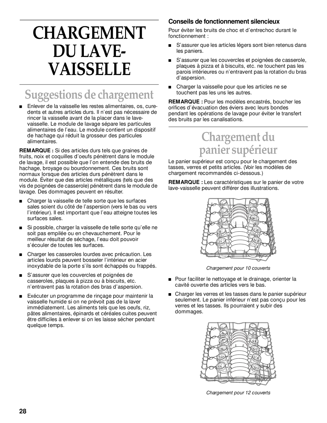 KitchenAid KUDI25CH, KUDM25SH manual Chargement DU Lave Vaisselle, Conseils de fonctionnement silencieux 