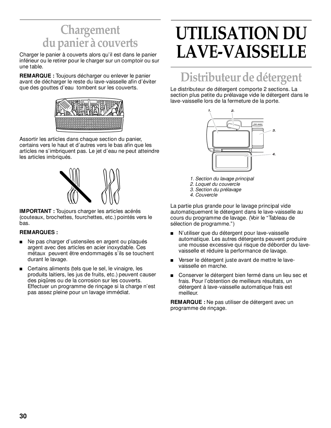 KitchenAid KUDI25CH, KUDM25SH manual Chargement Du panier à couverts, Distributeur de détergent 