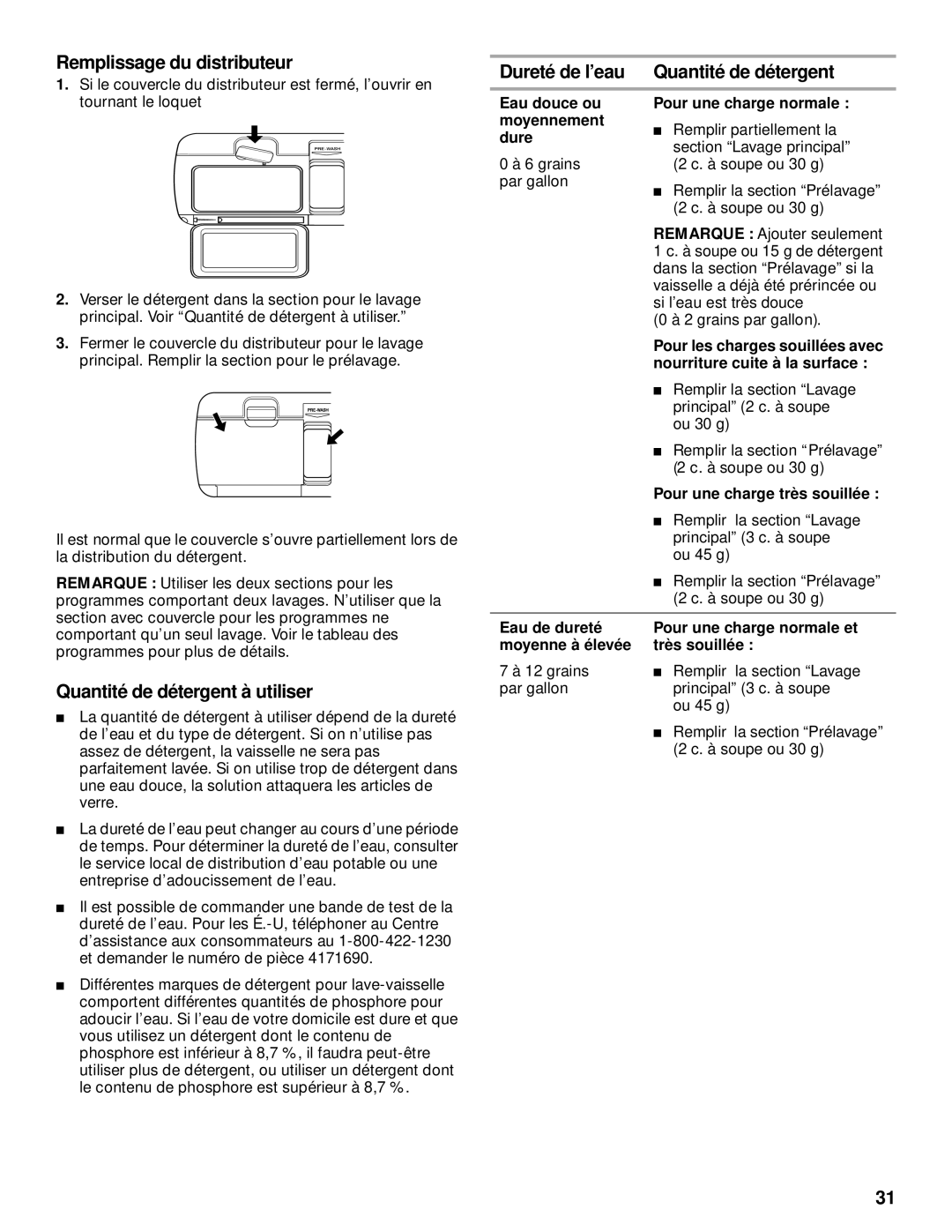 KitchenAid KUDM25SH, KUDI25CH Quantité de détergent à utiliser, Eau douce ou moyennement dure, Pour une charge normale 