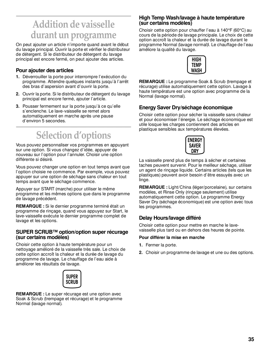 KitchenAid KUDM25SH, KUDI25CH manual Sélection d’options, Pour ajouter des articles, Energy Saver Dry/séchage économique 