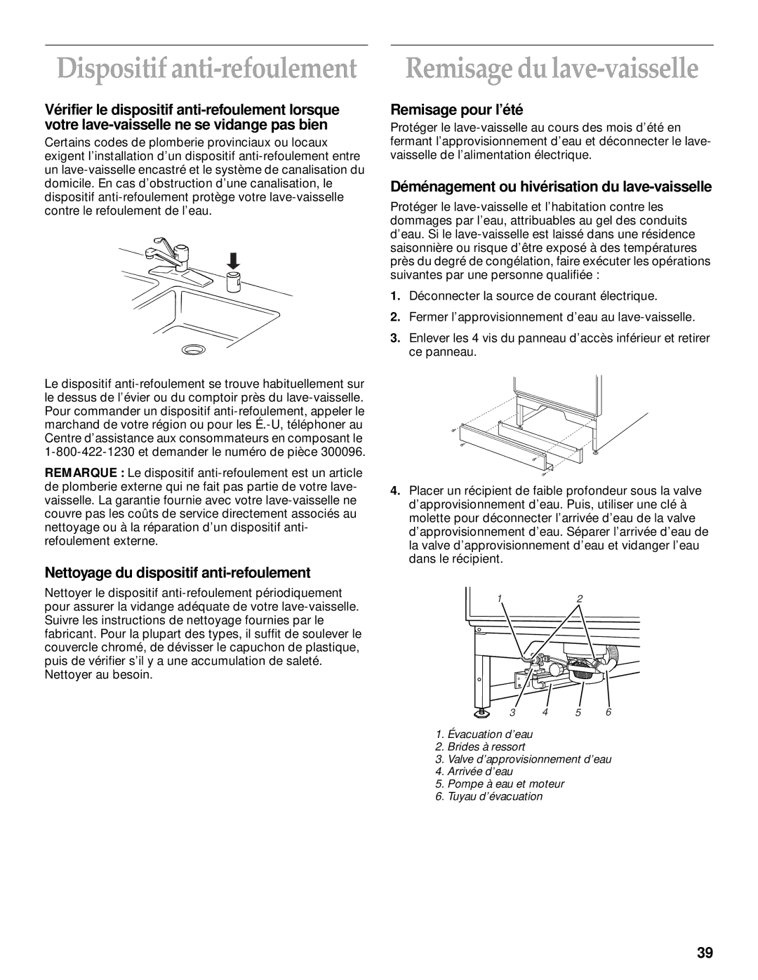 KitchenAid KUDM25SH, KUDI25CH Remisage du lave-vaisselle, Nettoyage du dispositif anti-refoulement, Remisage pour l’été 