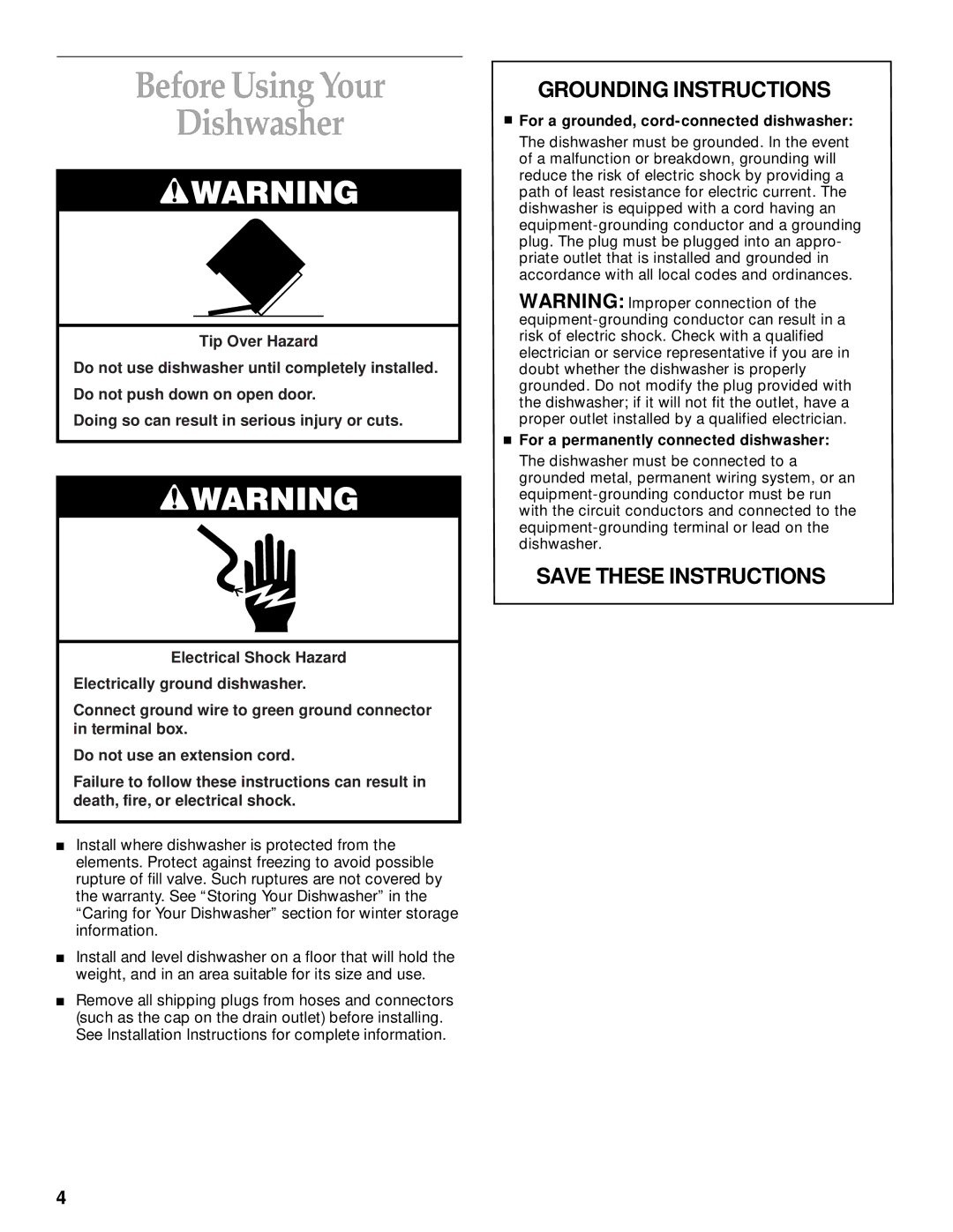 KitchenAid KUDI25CH, KUDM25SH manual Before Using Your Dishwasher, For a grounded, cord-connected dishwasher 