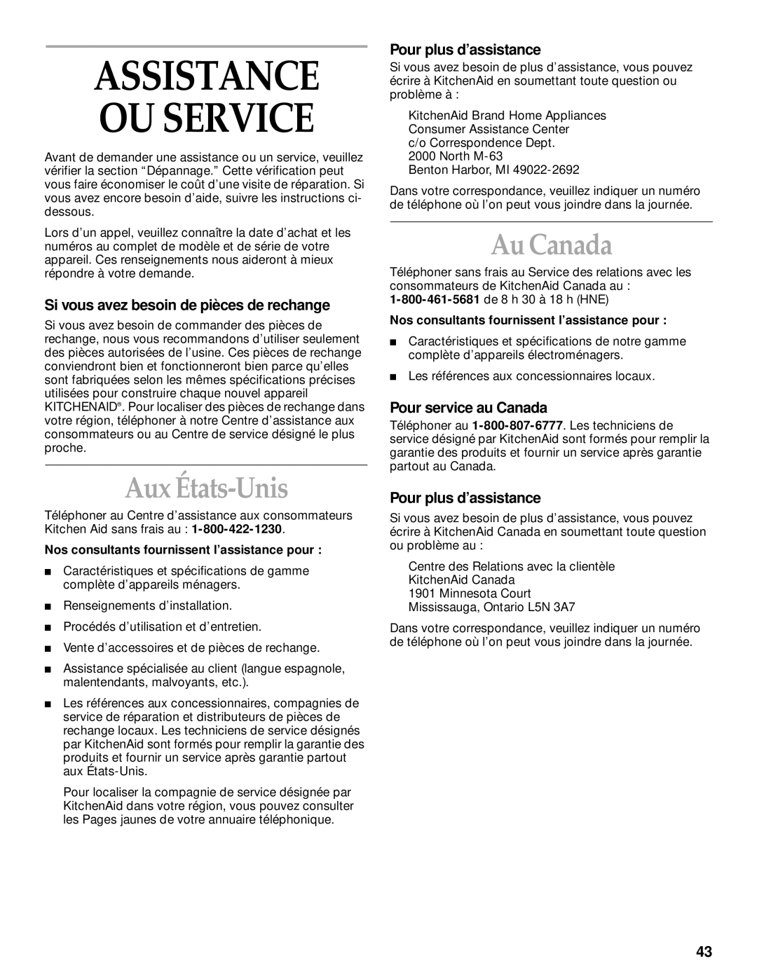 KitchenAid KUDM25SH, KUDI25CH manual Assistance OU Service, Aux États-Unis, Au Canada 