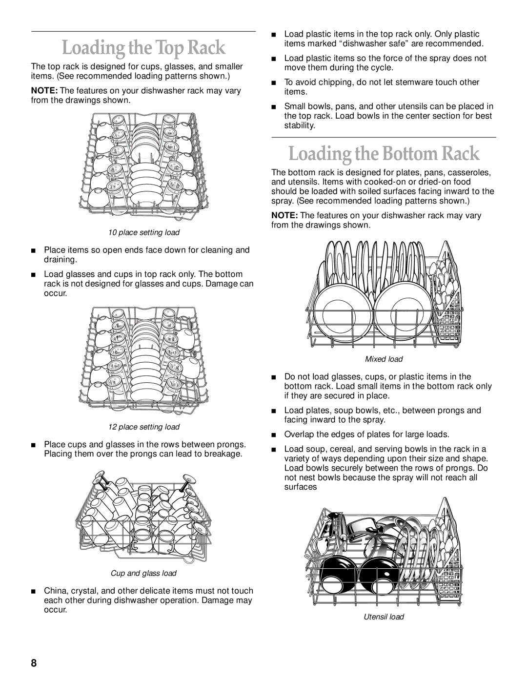 KitchenAid KUDI25CH, KUDM25SH manual Loading the Top Rack, Loading the Bottom Rack 