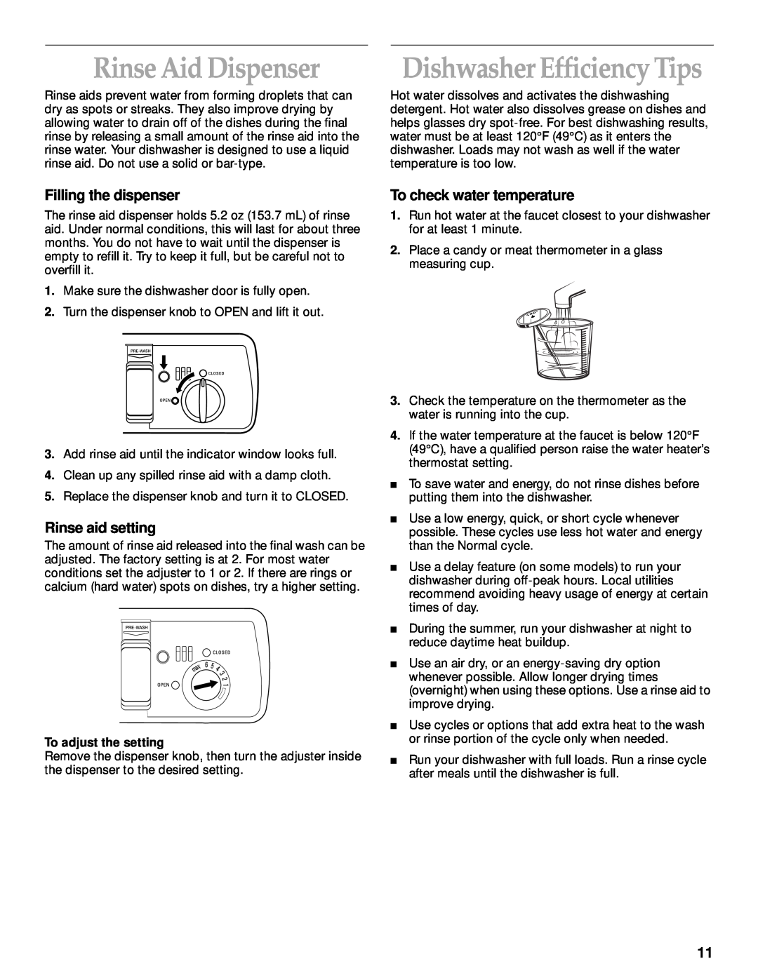 KitchenAid KUDM25SH manual Rinse Aid Dispenser, Dishwasher Efficiency Tips, Rinse aid setting, To check water temperature 