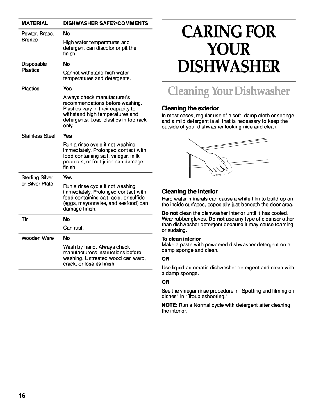 KitchenAid KUDI25CH Caring For Your Dishwasher, Cleaning Your Dishwasher, Cleaning the exterior, Cleaning the interior 