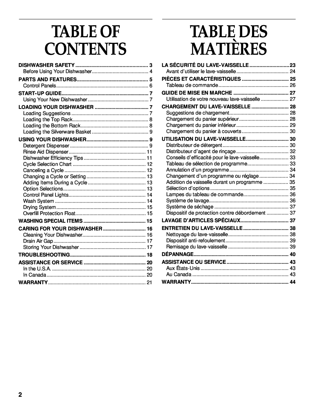 KitchenAid KUDI25CH, KUDM25SH manual Table Of, Contents, Table Des, Matières 