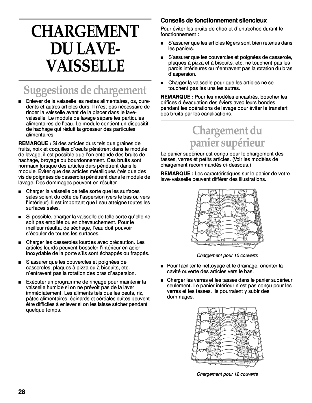 KitchenAid KUDI25CH, KUDM25SH manual Chargement Du Lave Vaisselle, Suggestions de chargement, Chargement du panier supérieur 