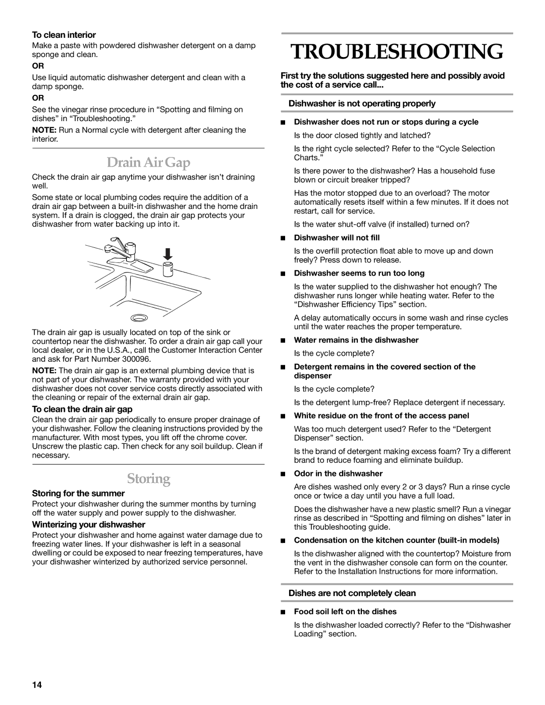 KitchenAid KUDJ01TJ manual Troubleshooting, Drain Air Gap, Storing 