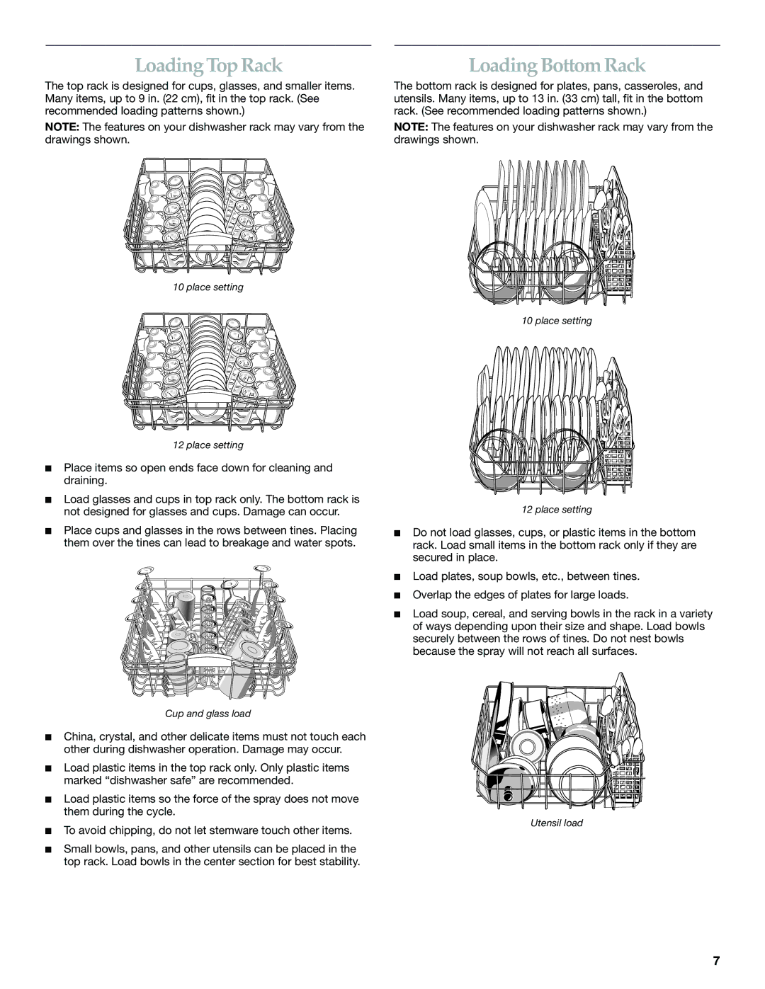 KitchenAid KUDJ01TJ manual Loading Top Rack, Loading Bottom Rack 