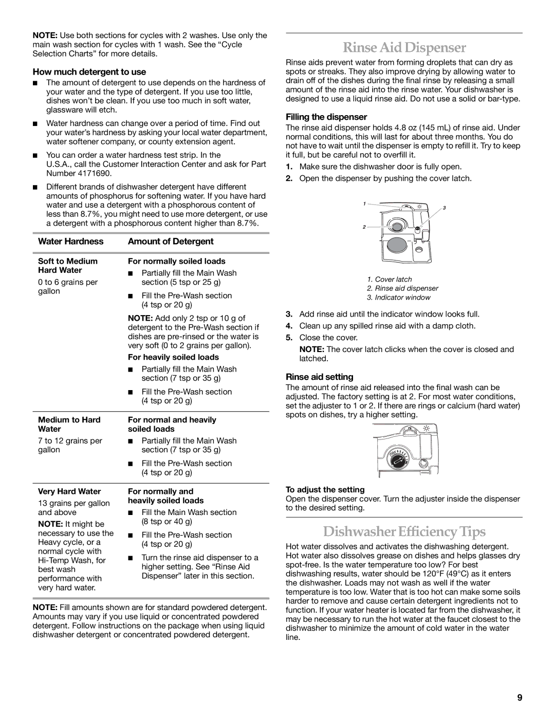 KitchenAid KUDJ01TJ manual Rinse Aid Dispenser, Dishwasher Efficiency Tips, How much detergent to use, Water Hardness 