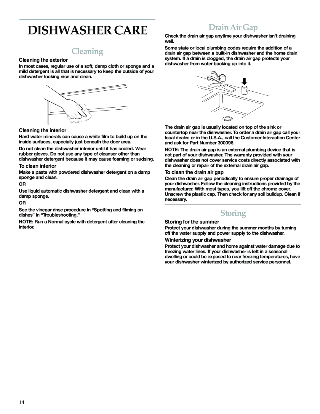 KitchenAid KUDK01IL, KUDI01IL, 119 manual Dishwasher Care, Cleaning, Drain Air Gap, Storing 