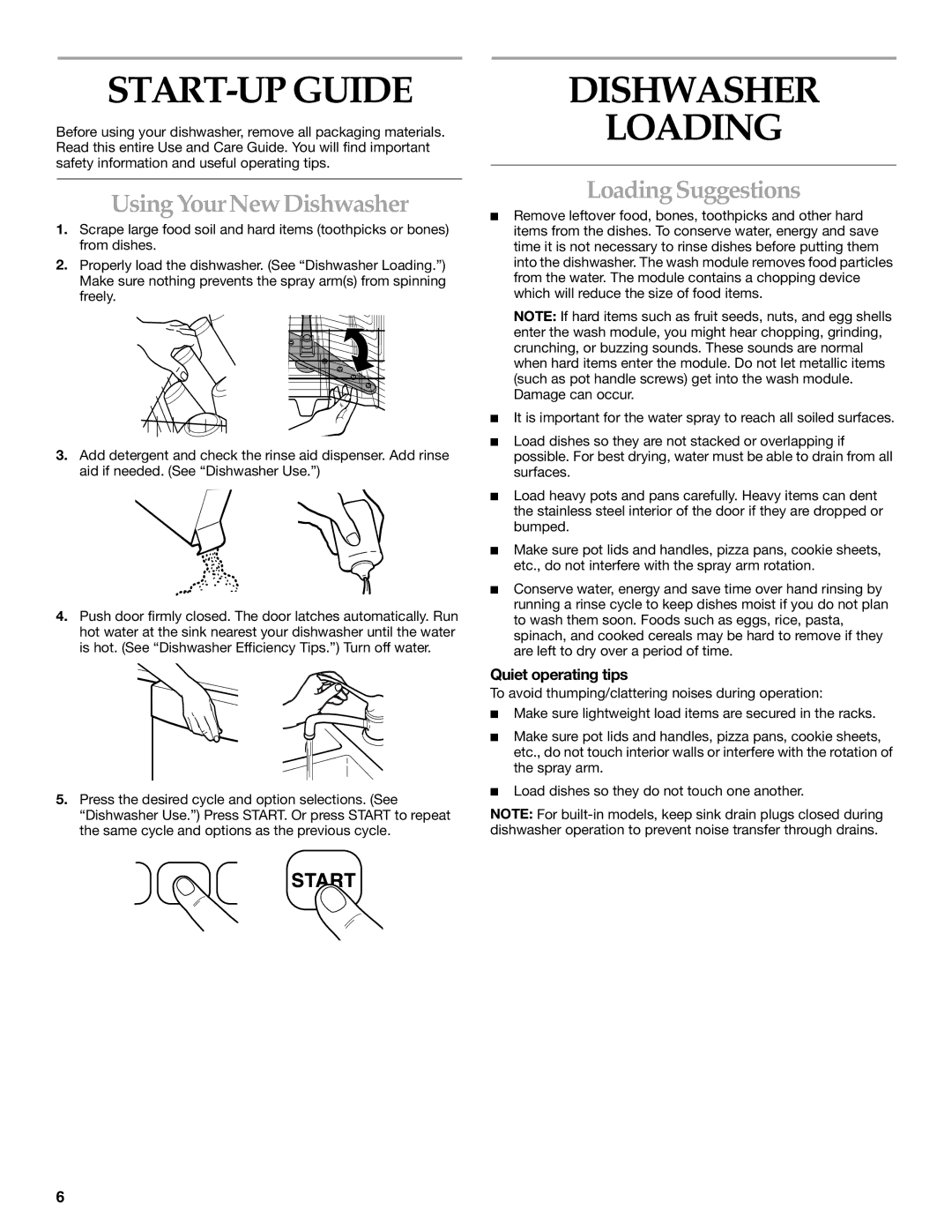 KitchenAid START-UP Guide, Dishwasher Loading, Using Your New Dishwasher, Loading Suggestions, Quiet operating tips 