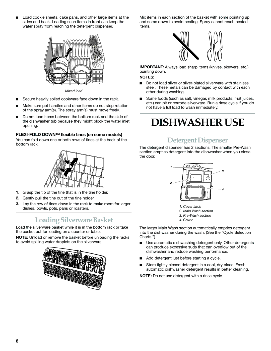 KitchenAid KUDK01IL, KUDI01IL, 119 manual Dishwasher USE, Loading Silverware Basket, Detergent Dispenser 