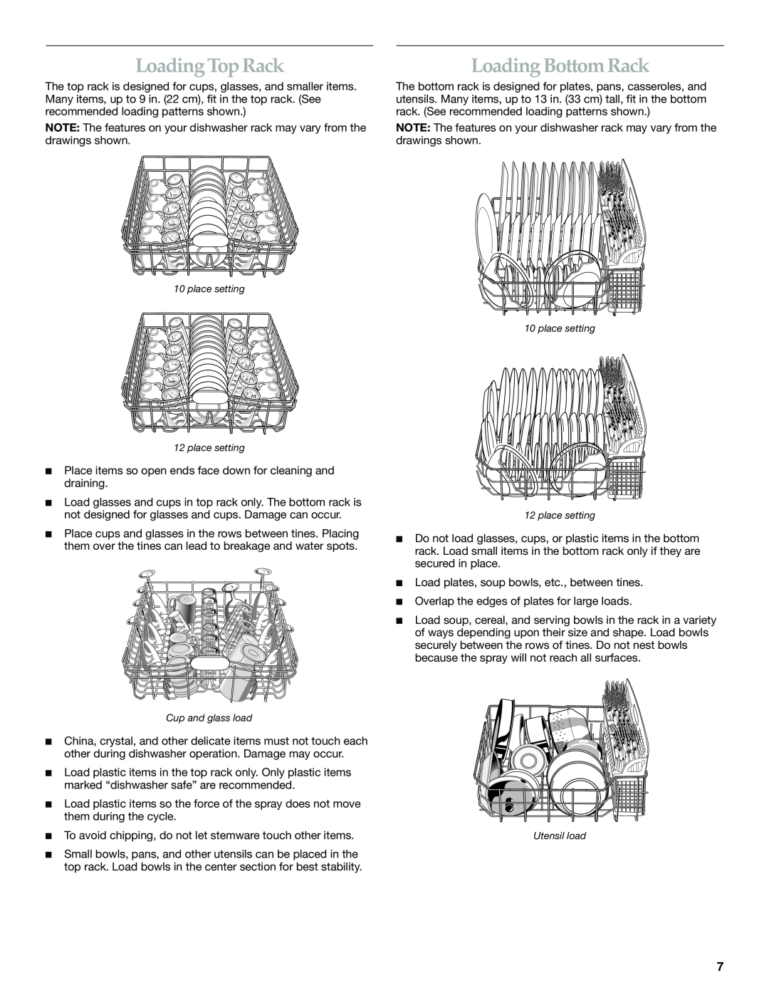 KitchenAid 119, KUDK01IL, KUDI01IL, Dishwasher manual Loading Top Rack, Loading Bottom Rack 