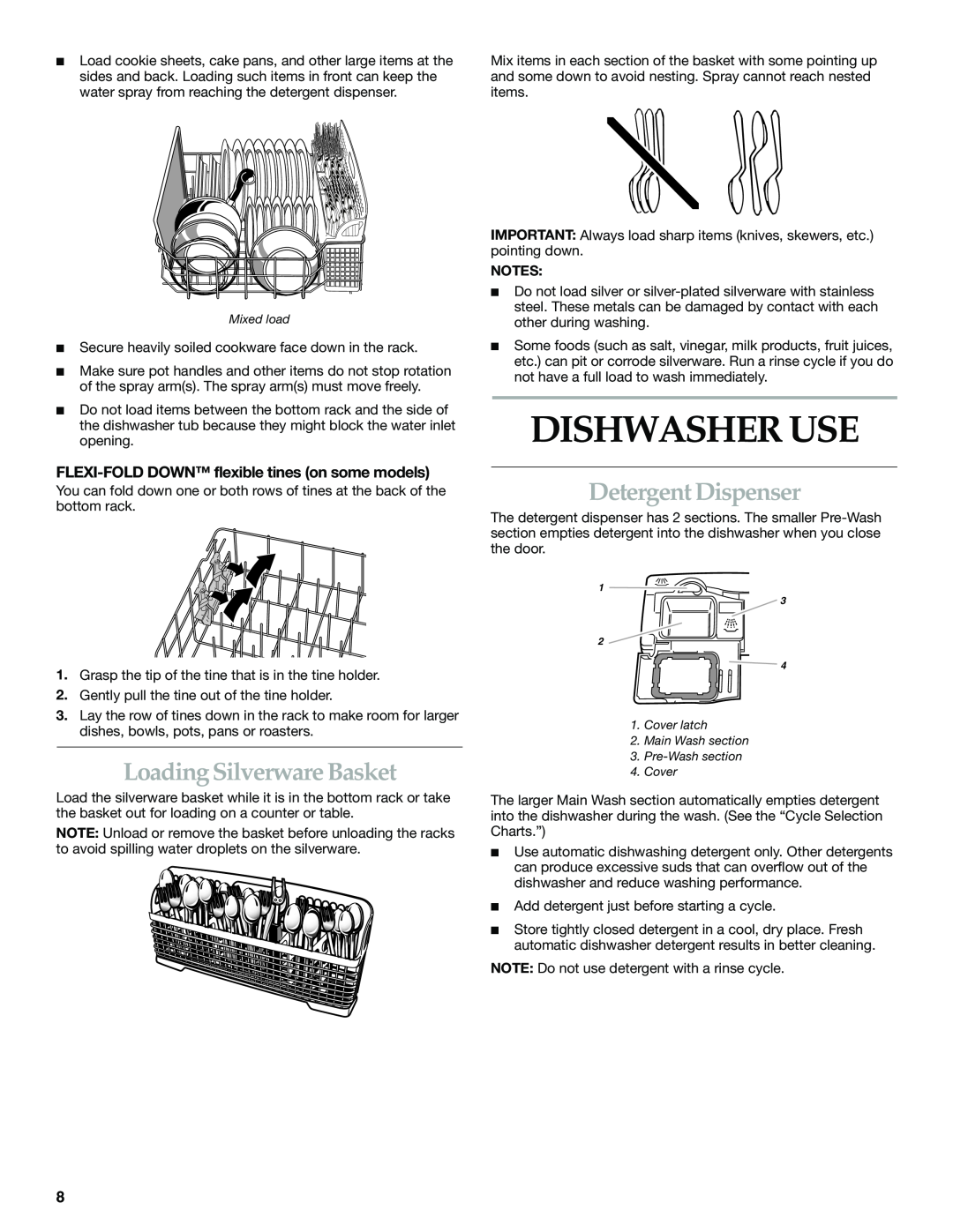 KitchenAid KUDK01IL, KUDI01IL, 119 manual Dishwasher Use, Loading Silverware Basket, Detergent Dispenser 