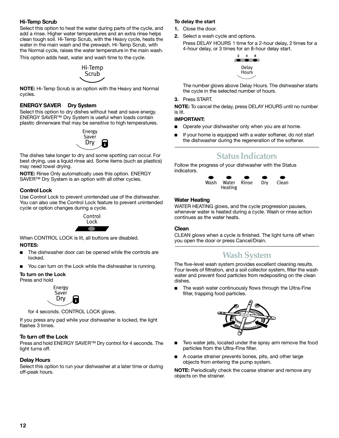 KitchenAid KUDK01TK, KUDL01TK manual Status Indicators, Wash System 