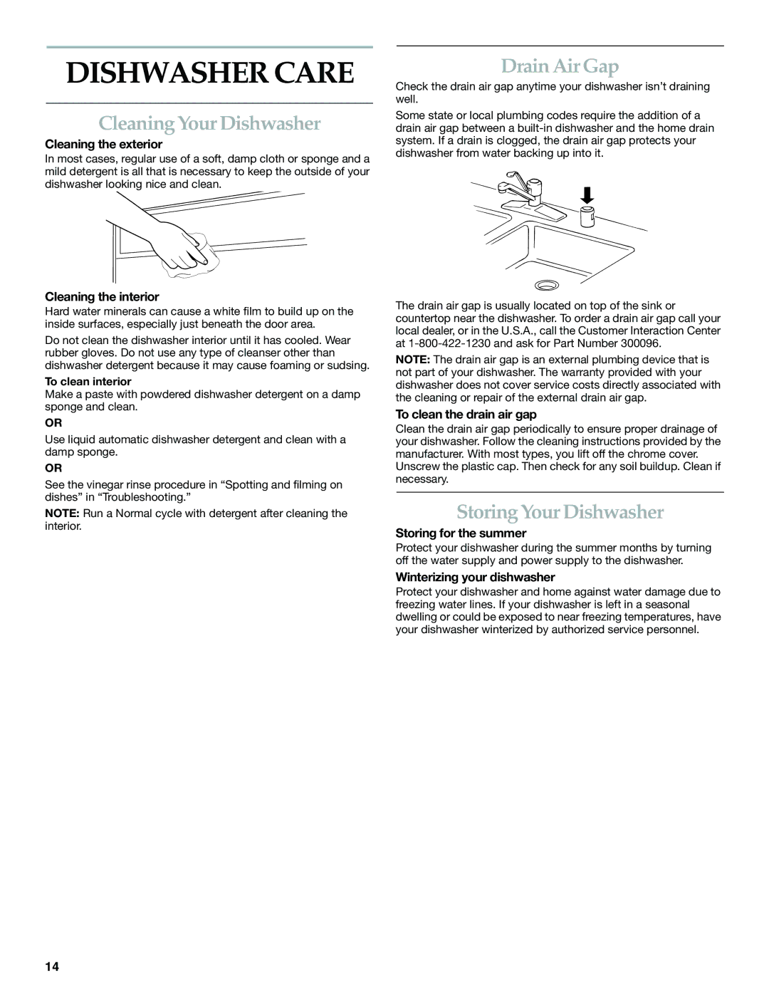 KitchenAid KUDK01TK, KUDL01TK manual Dishwasher Care, Cleaning Your Dishwasher, Drain Air Gap, Storing Your Dishwasher 