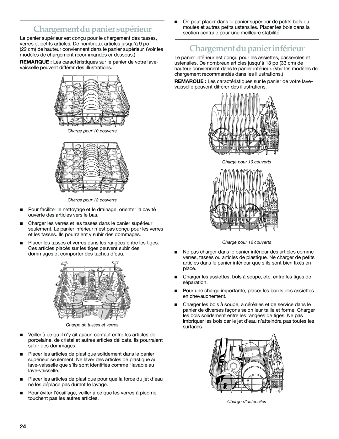 KitchenAid KUDK01TK, KUDL01TK manual Chargement du panier supérieur, Chargement du panier inférieur 