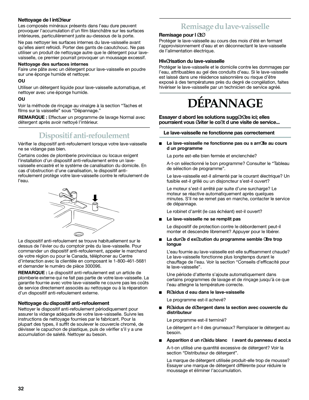 KitchenAid KUDK01TK, KUDL01TK manual Dépannage, Dispositif anti-refoulement, Remisage du lave-vaisselle 