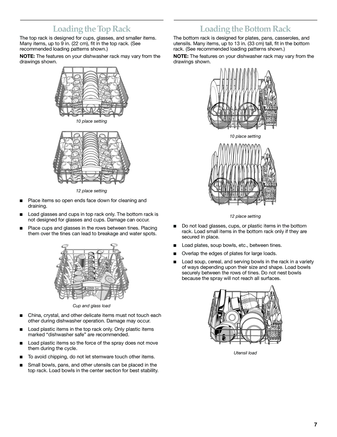 KitchenAid KUDL01TK, KUDK01TK manual Loading the Top Rack, Loading the Bottom Rack 