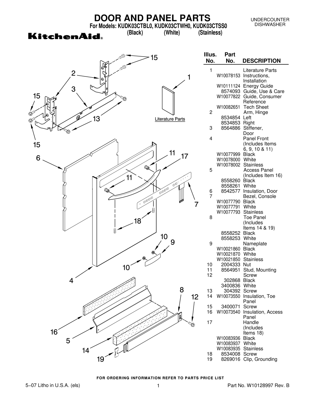 KitchenAid KUDK03CTSS0, KUDK03CTBL0, KUDK03CTWH0 manual Door and Panel Parts, Illus. Part No. No. Description 