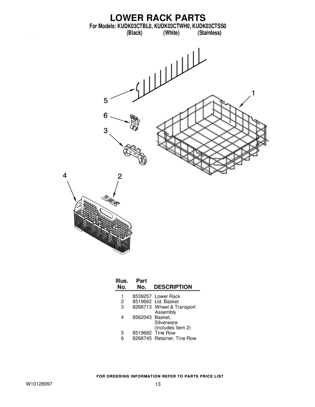 KitchenAid KUDK03CTSS0, KUDK03CTBL0, KUDK03CTWH0 manual Lower Rack Parts 