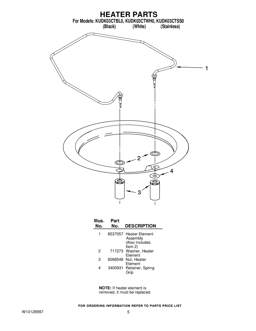 KitchenAid KUDK03CTWH0, KUDK03CTBL0, KUDK03CTSS0 manual Heater Parts 