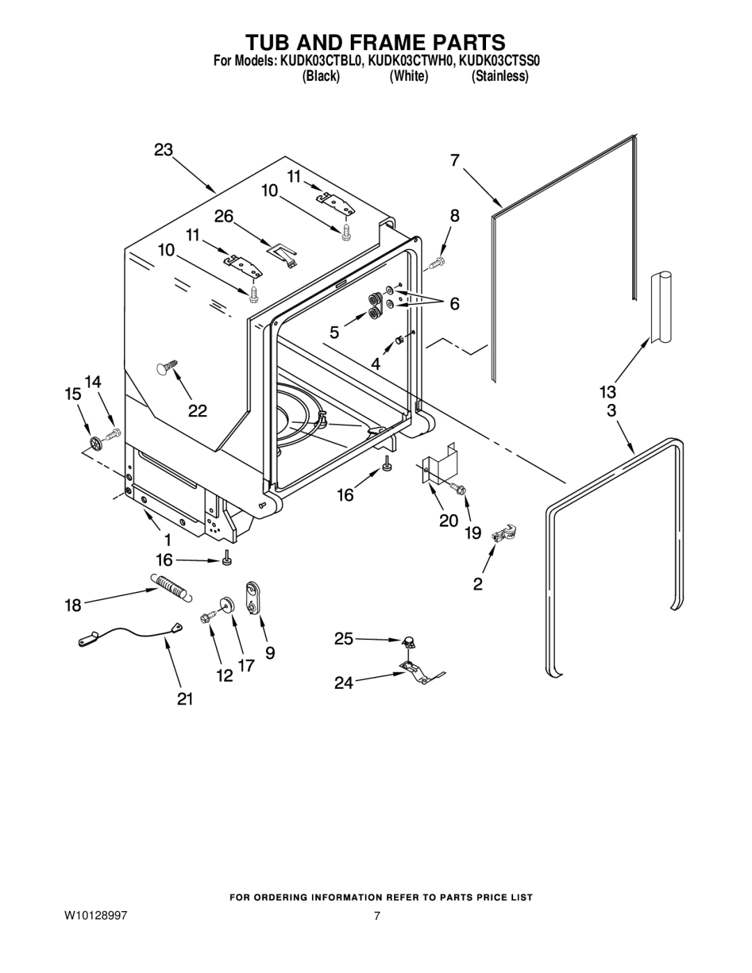 KitchenAid KUDK03CTSS0, KUDK03CTBL0, KUDK03CTWH0 manual TUB and Frame Parts 