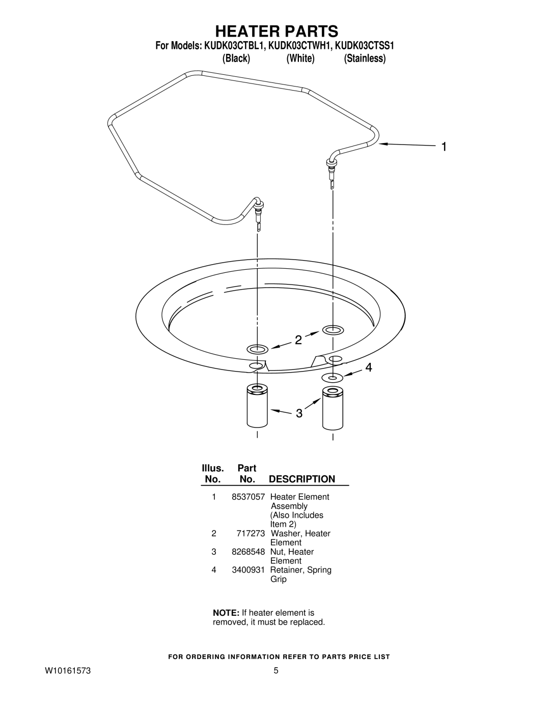 KitchenAid KUDK03CTSS1, KUDK03CTBL1, KUDK03CTWH1 manual Heater Parts 