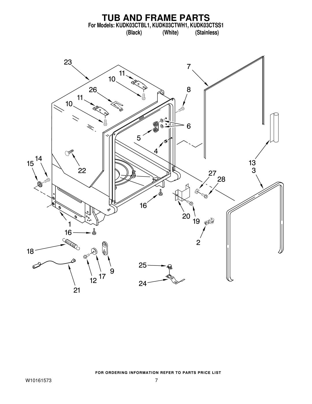 KitchenAid KUDK03CTWH1, KUDK03CTBL1, KUDK03CTSS1 manual TUB and Frame Parts 