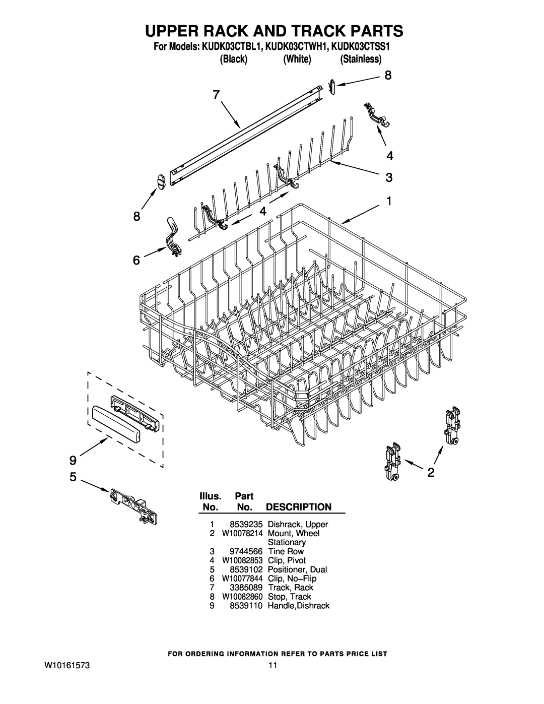 KitchenAid manual Upper Rack And Track Parts, For Models KUDK03CTBL1, KUDK03CTWH1, KUDK03CTSS1, Black White Stainless 