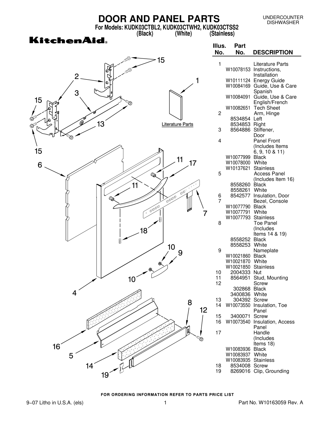 KitchenAid KUDK03CTWH2, KUDK03CTBL2, KUDK03CTSS2 manual Door and Panel Parts, Black White Stainless 