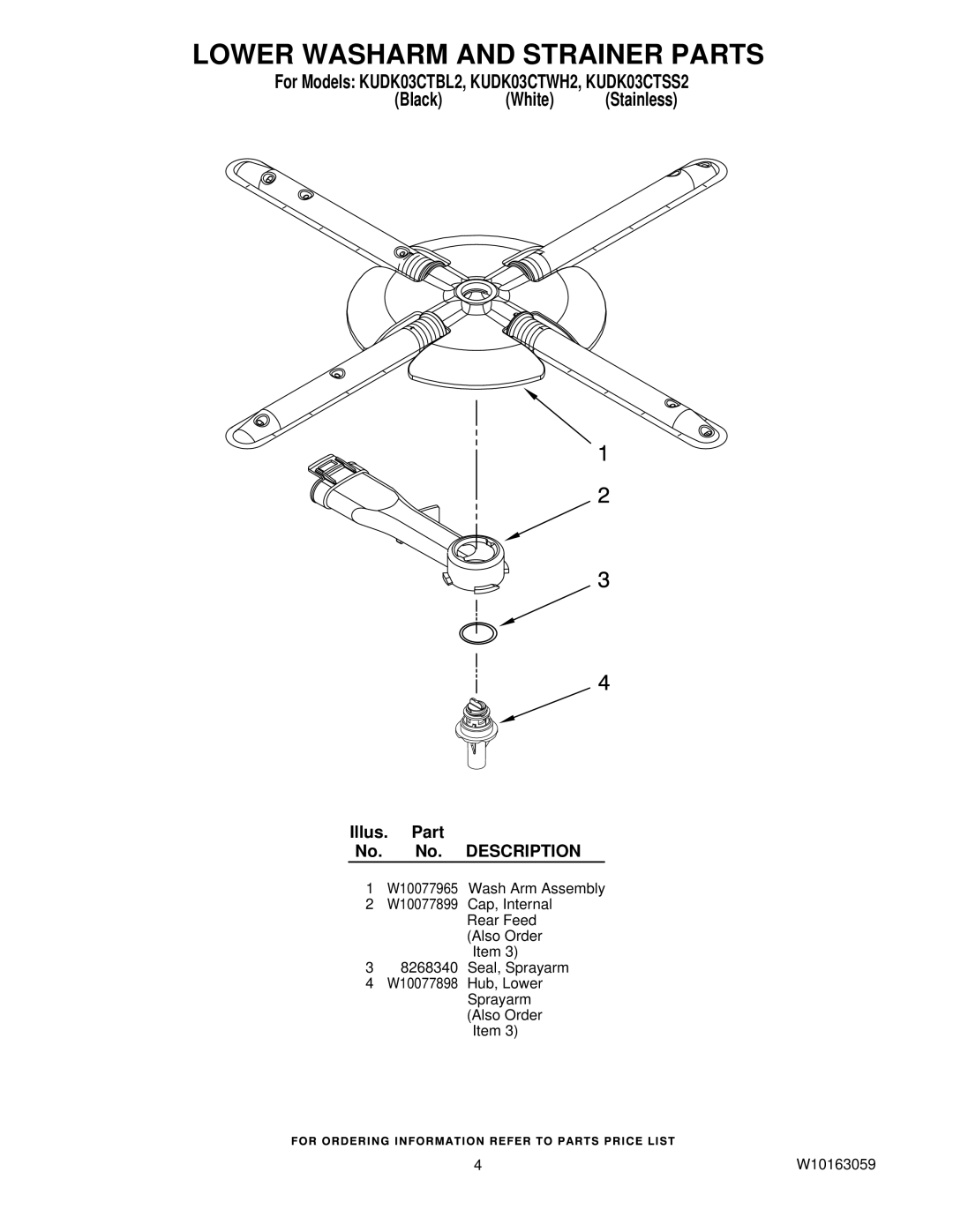 KitchenAid KUDK03CTWH2, KUDK03CTBL2, KUDK03CTSS2 manual Lower Washarm and Strainer Parts 