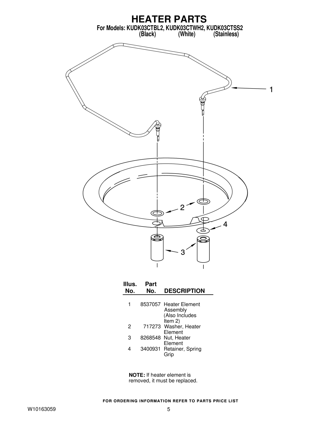 KitchenAid KUDK03CTSS2, KUDK03CTBL2, KUDK03CTWH2 manual Heater Parts 