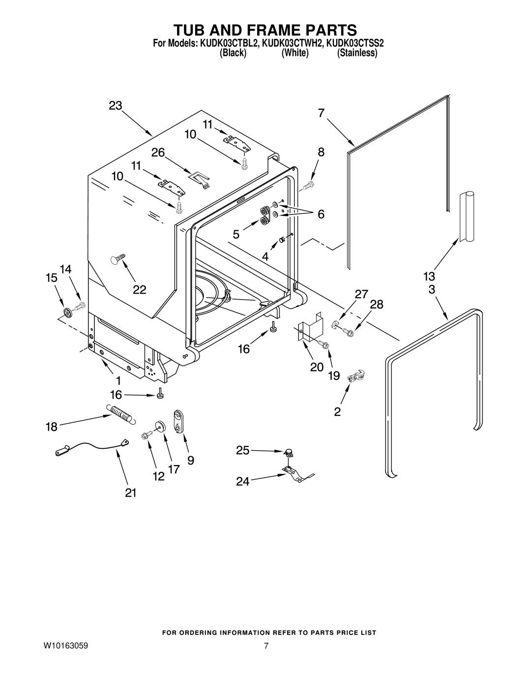 KitchenAid KUDK03CTWH2, KUDK03CTBL2, KUDK03CTSS2 manual TUB and Frame Parts 