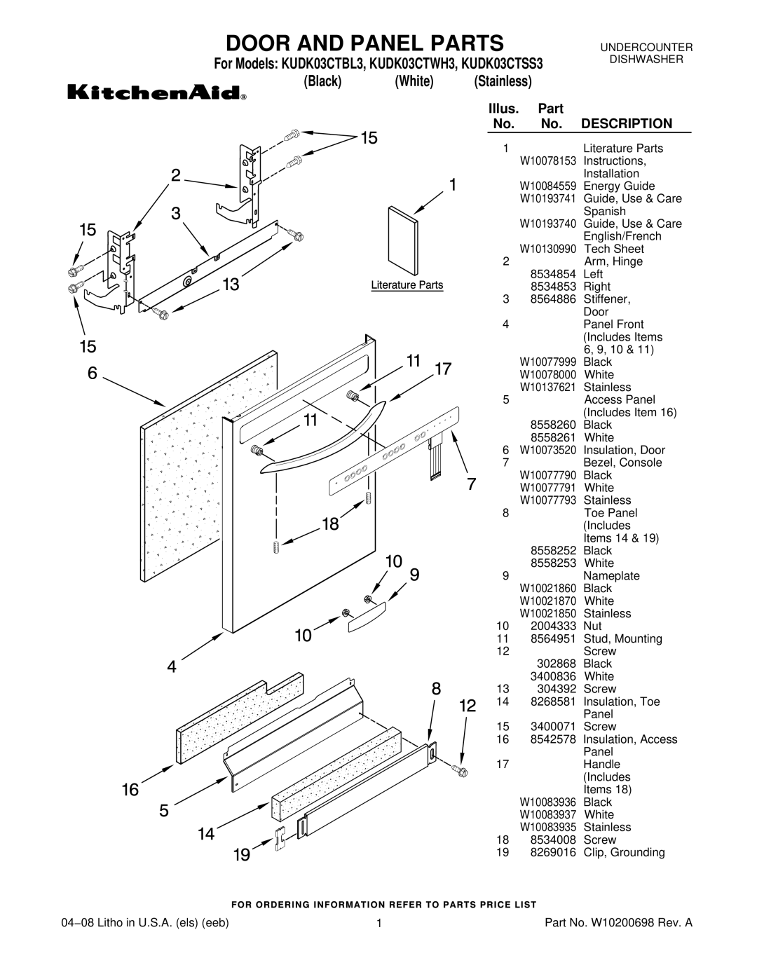 KitchenAid KUDK03CTWH3, KUDK03CTBL3, KUDK03CTSS3 manual Door and Panel Parts, Black White Stainless 