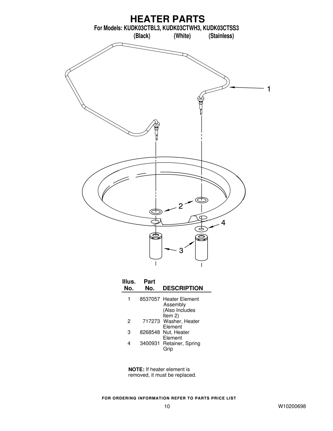 KitchenAid KUDK03CTWH3, KUDK03CTBL3, KUDK03CTSS3 manual Heater Parts 